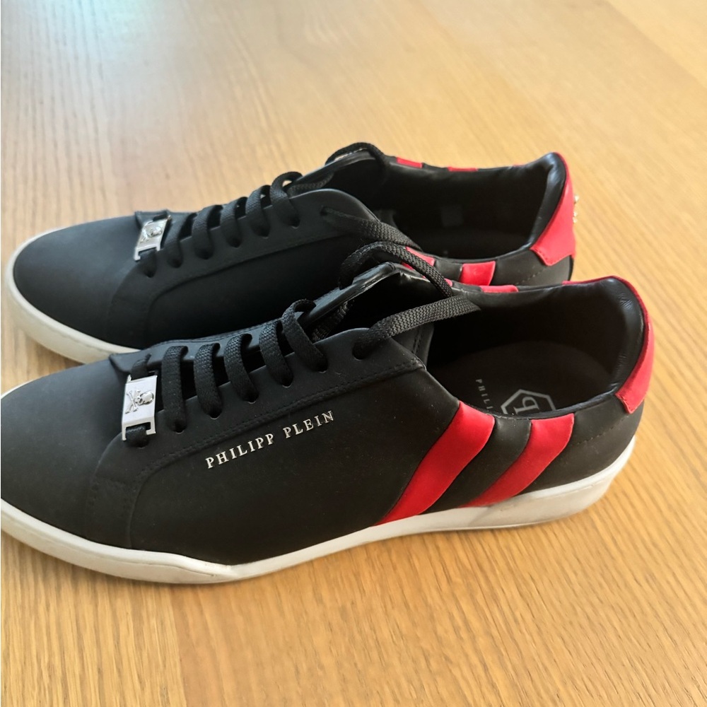 Phillip Plein low top black logo sneaker with red trim